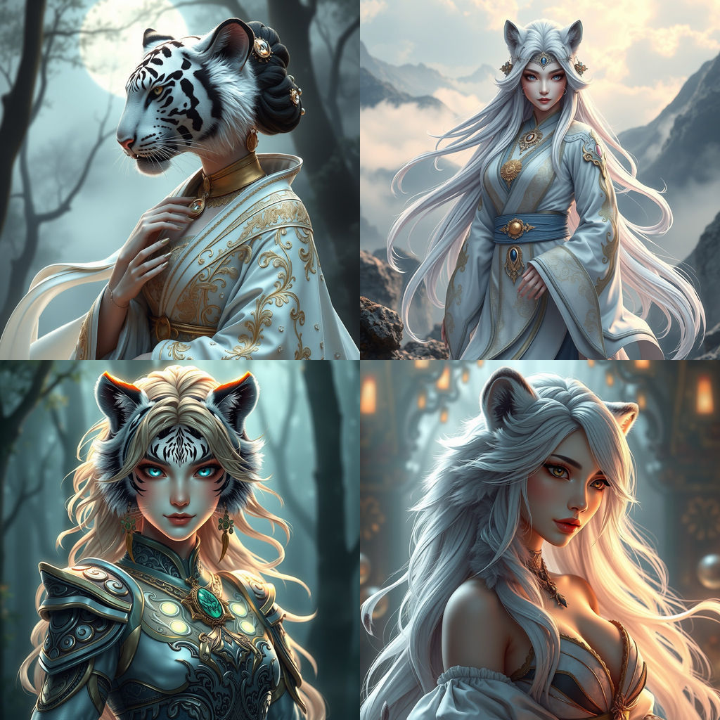 Half-Human White Tiger Woman in 3D Anime Style