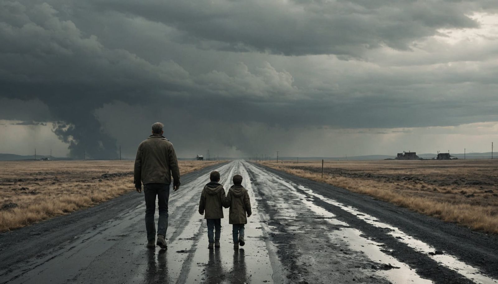 Bleak Post-Apocalyptic Scene: Father and Child Amidst Ash