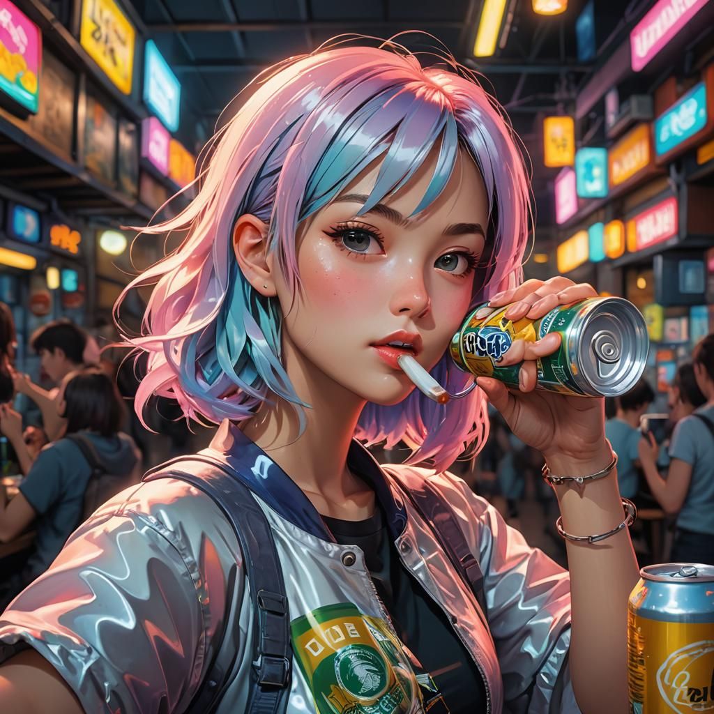 Anime Girl Drinking Beer in Neon Lit 3D Art