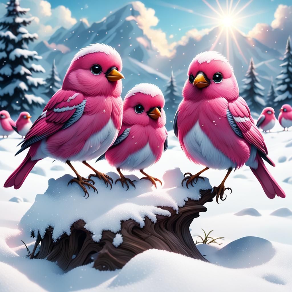Pink Birds in Snow: Epic Digital Matte Painting