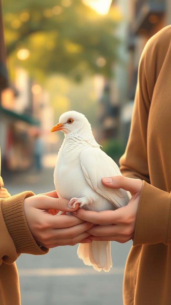 Hands Cradling Dove in Dreamy Watercolor Style