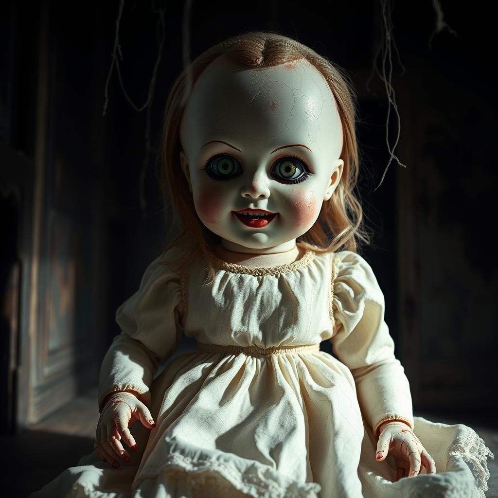 Eerie Porcelain Doll in Haunted Room, Digital Art