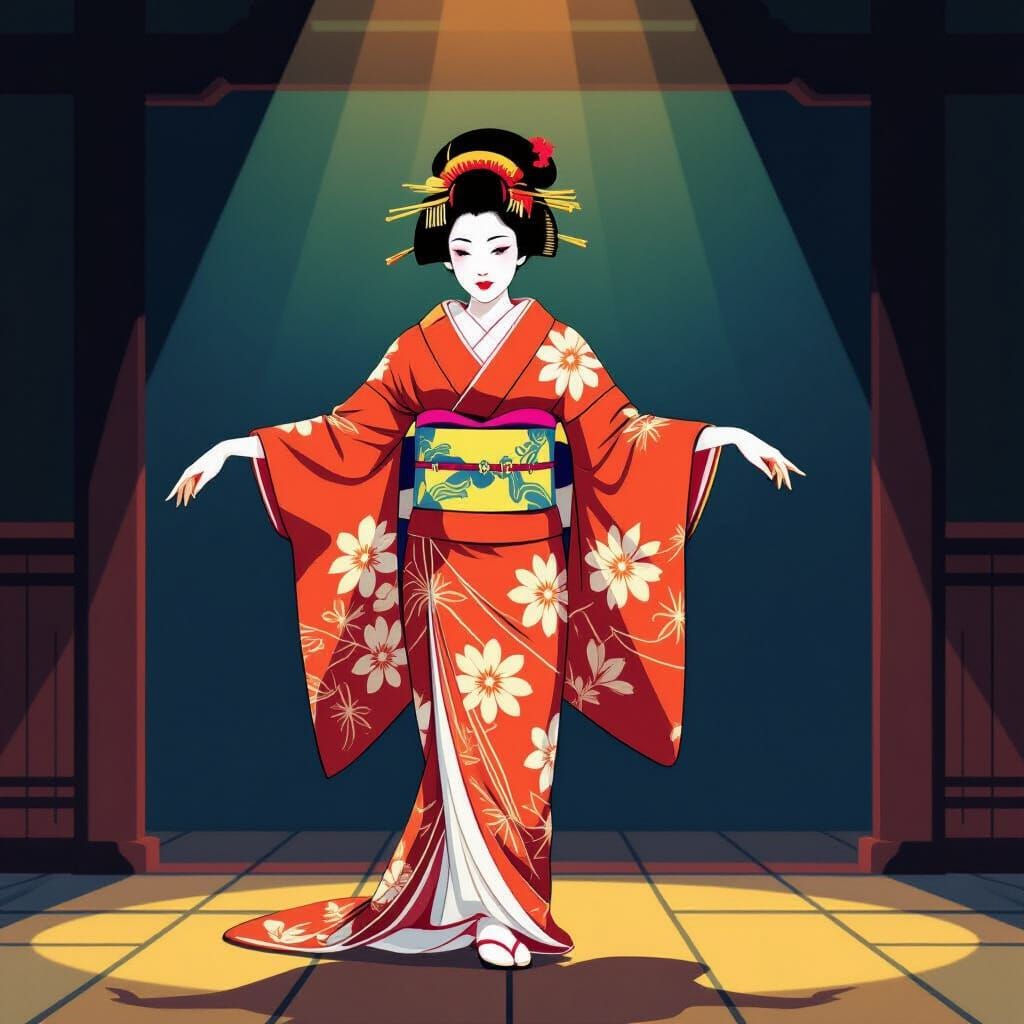 Geisha's Graceful Spin on Stage in Ukiyo-e Style