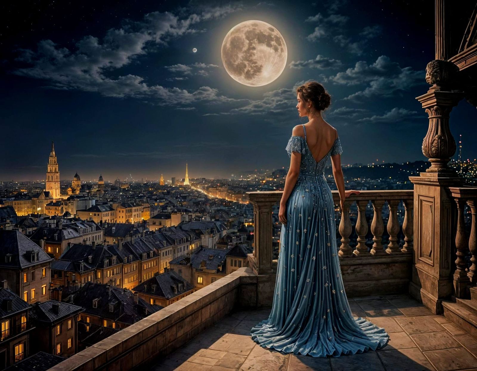 Woman in Evening Gown Observes City Lights