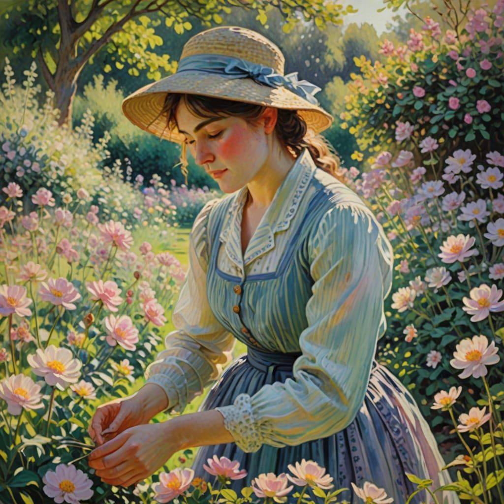 Impressionist Woman Picking Honeysuckle in Garden