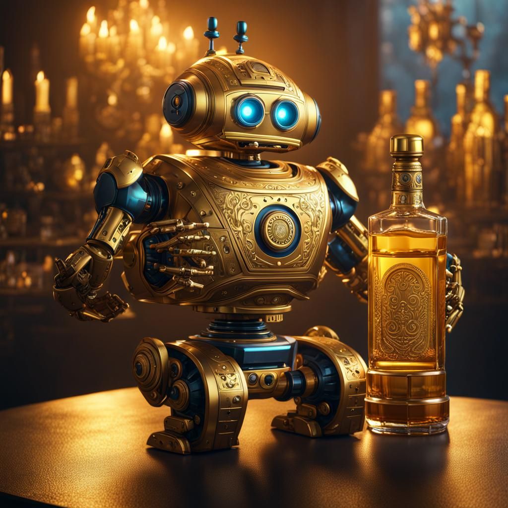 Golden Robot Holding Tequila: Fantasy Concept Art