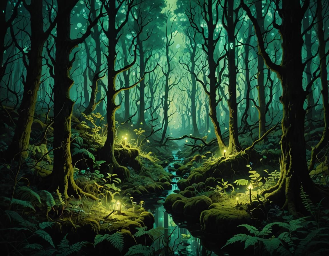 Mystical Forest with Phosphorescent Glow