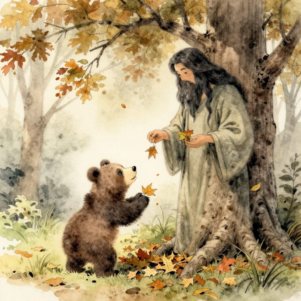 Bear Cub Assists Tree Guardian Gathering Leaves in Autumn Fo...