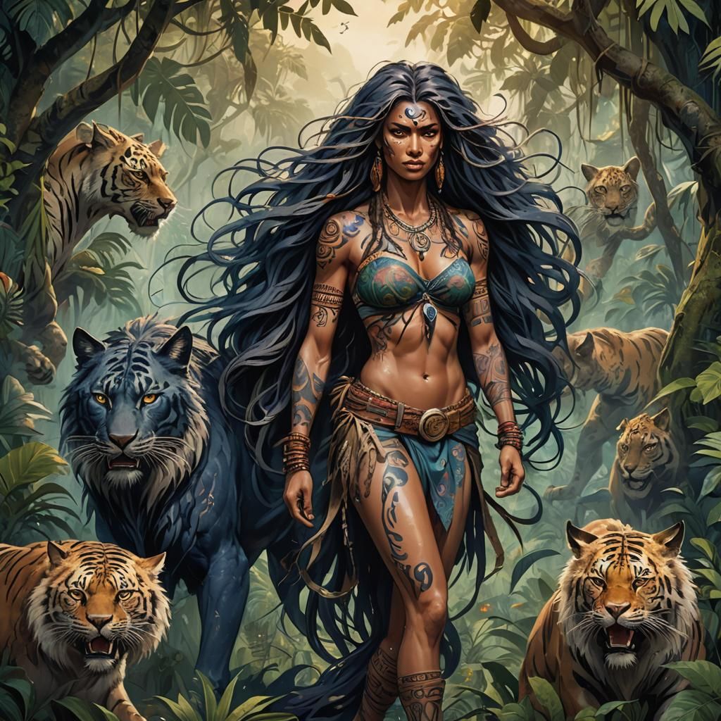 Wild Woman with Cat in Jungle, as Dark Fantasy Art