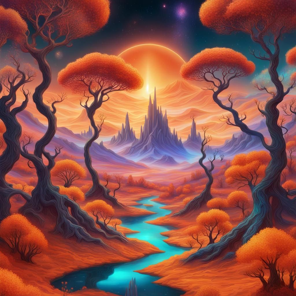 Orange Fantasy Landscape with Crooked Trees