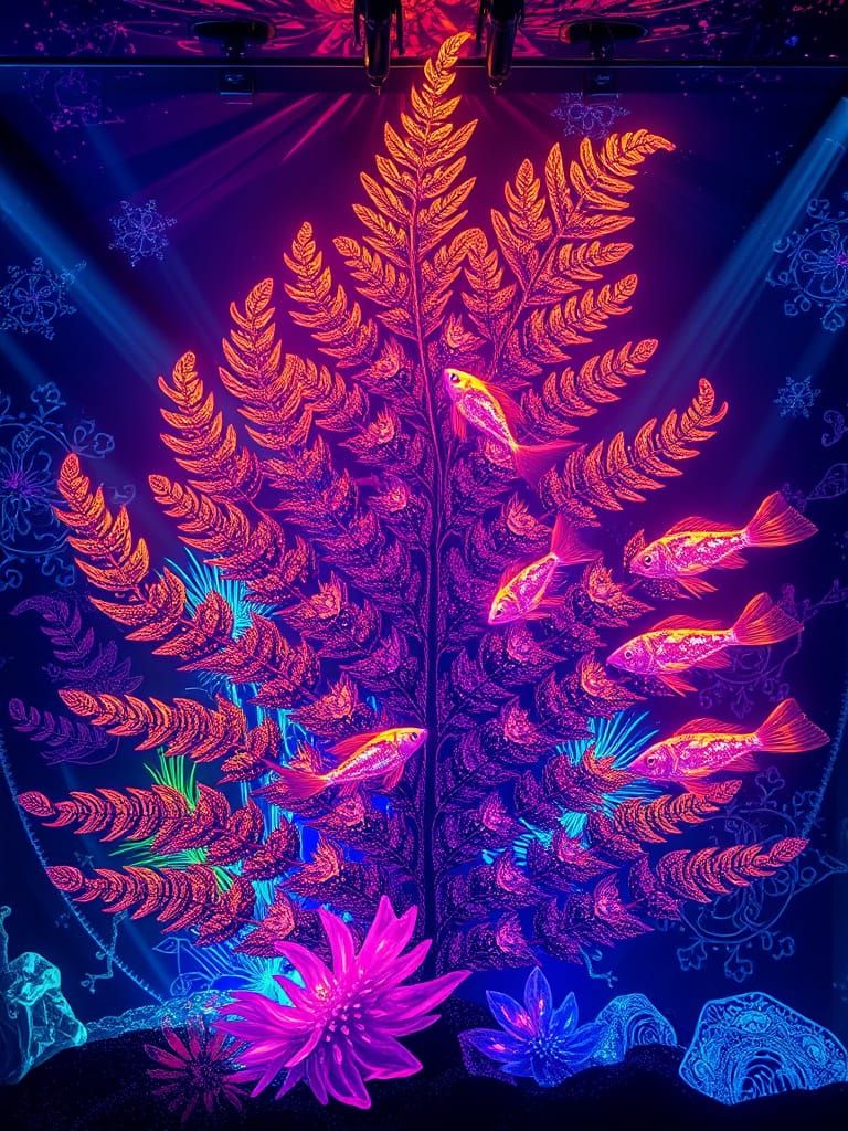Surreal Fern Aquarium with Bioluminescent Fish