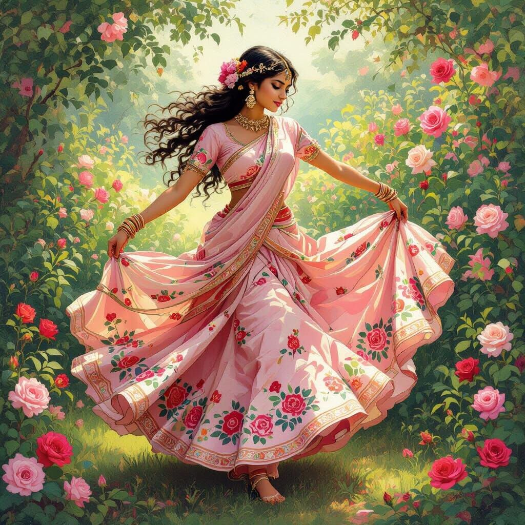 Indian Girl Dancing in Lush Garden, Raja Ravi Varma Style