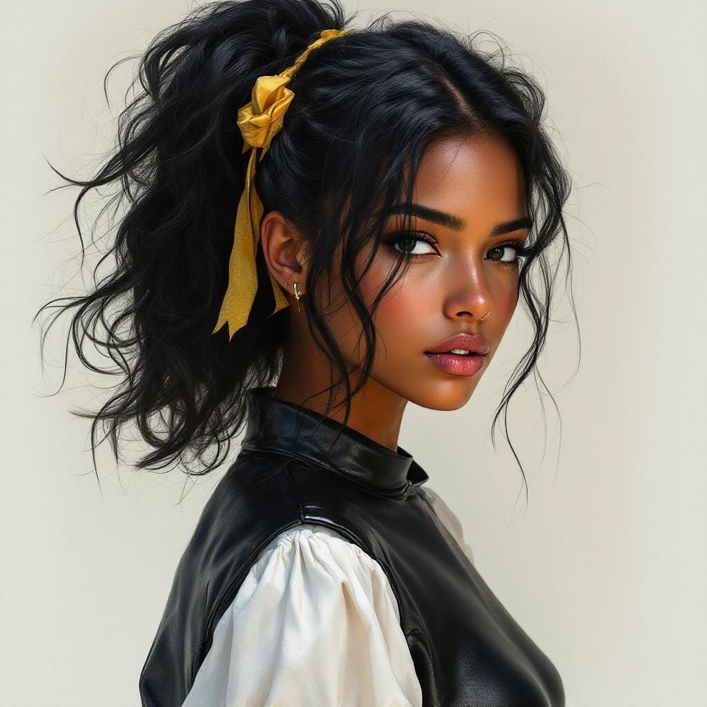 Young Woman in Leather Top with Yellow Ribbon