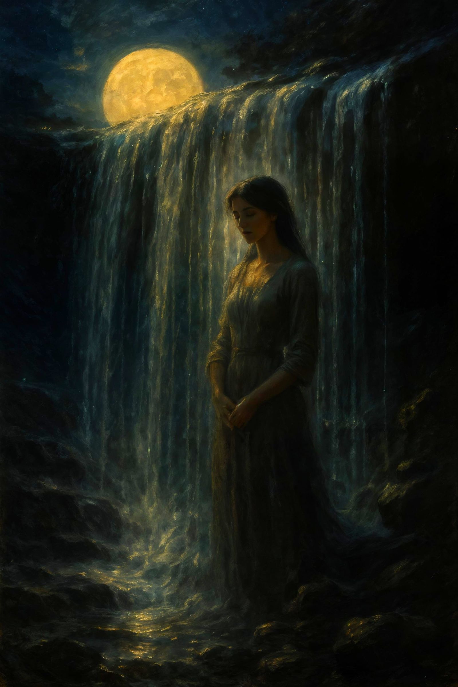 Moonlit Waterfall: Romantic Digital Painting