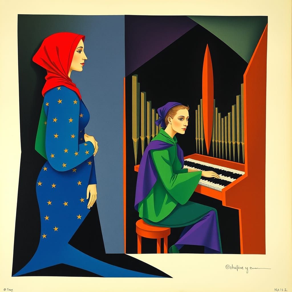 Cubist Figures at a Pipe Organ in Geometric Style