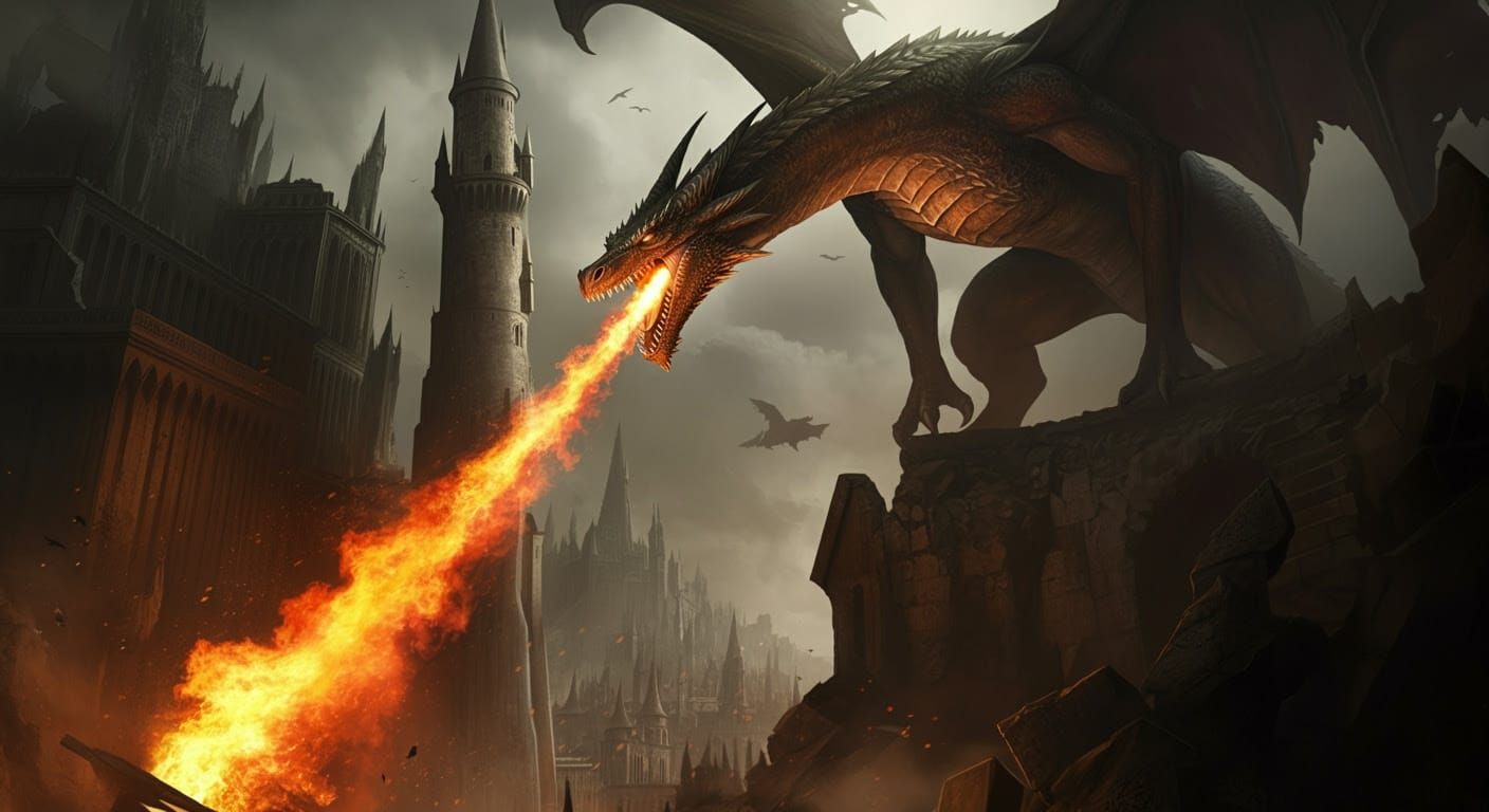 Epic Dragon Engulfs Ruined City in Blazing Inferno