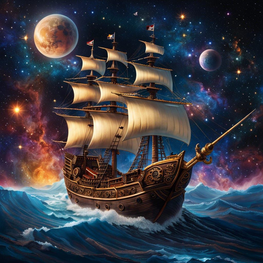 Pirate Ship Sailing Through a Starry Universe