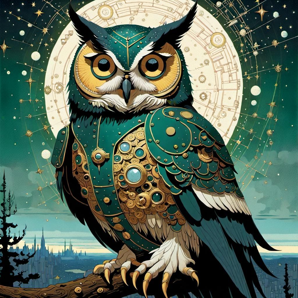 Owl, Starry night, dark green gold silver blue, bullet particles, constellations...