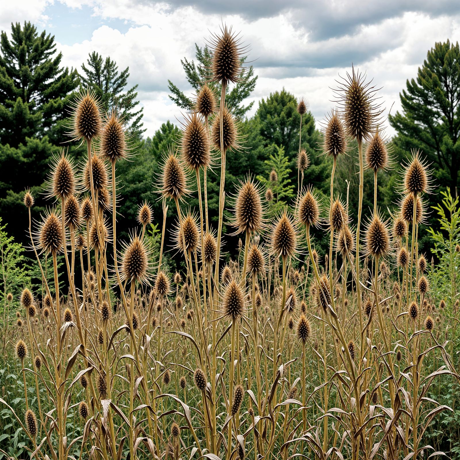 Dried Teasel Plants in Lush Greenery
