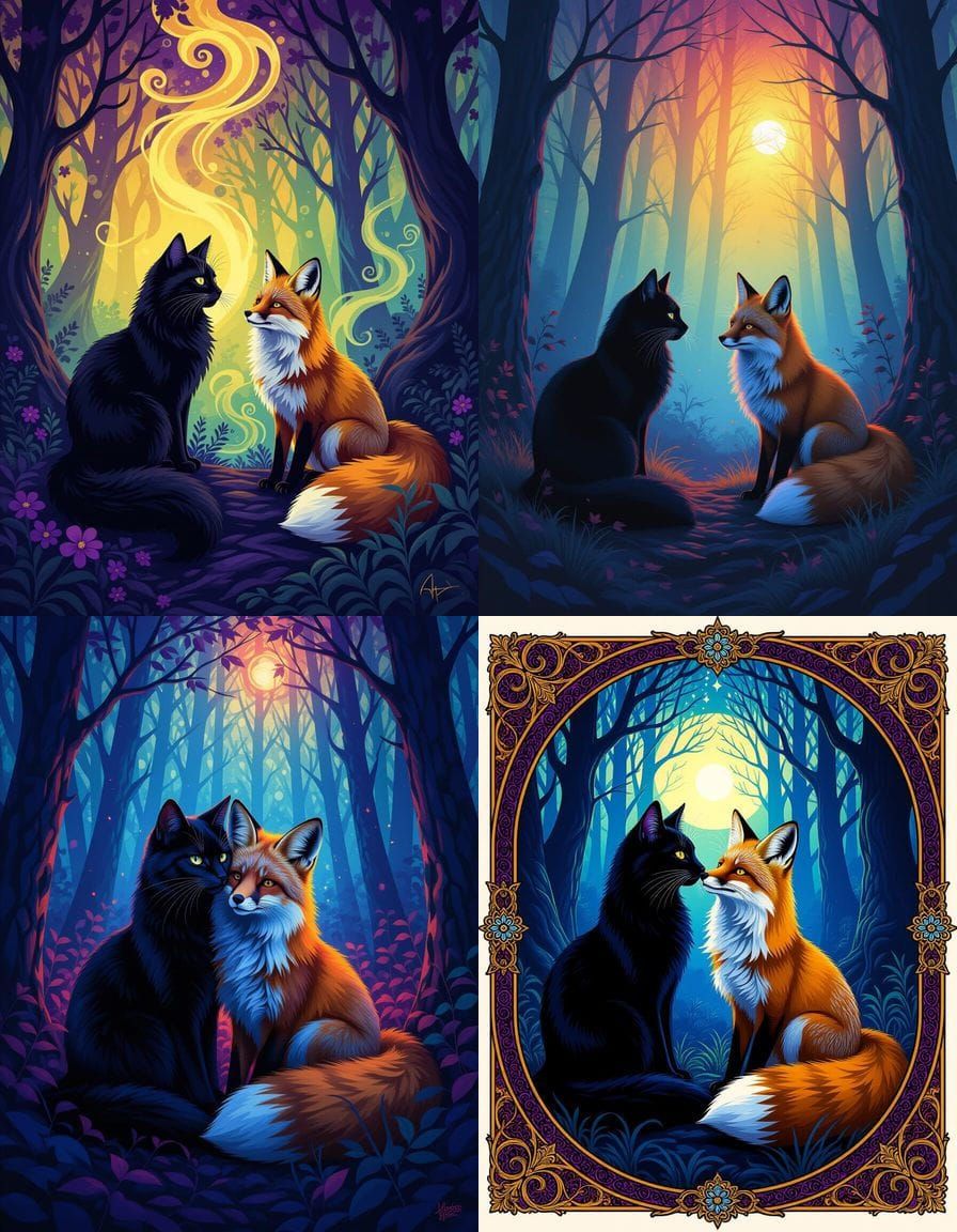 Cosmic Feline Friends in Ethereal Fantasy Woods