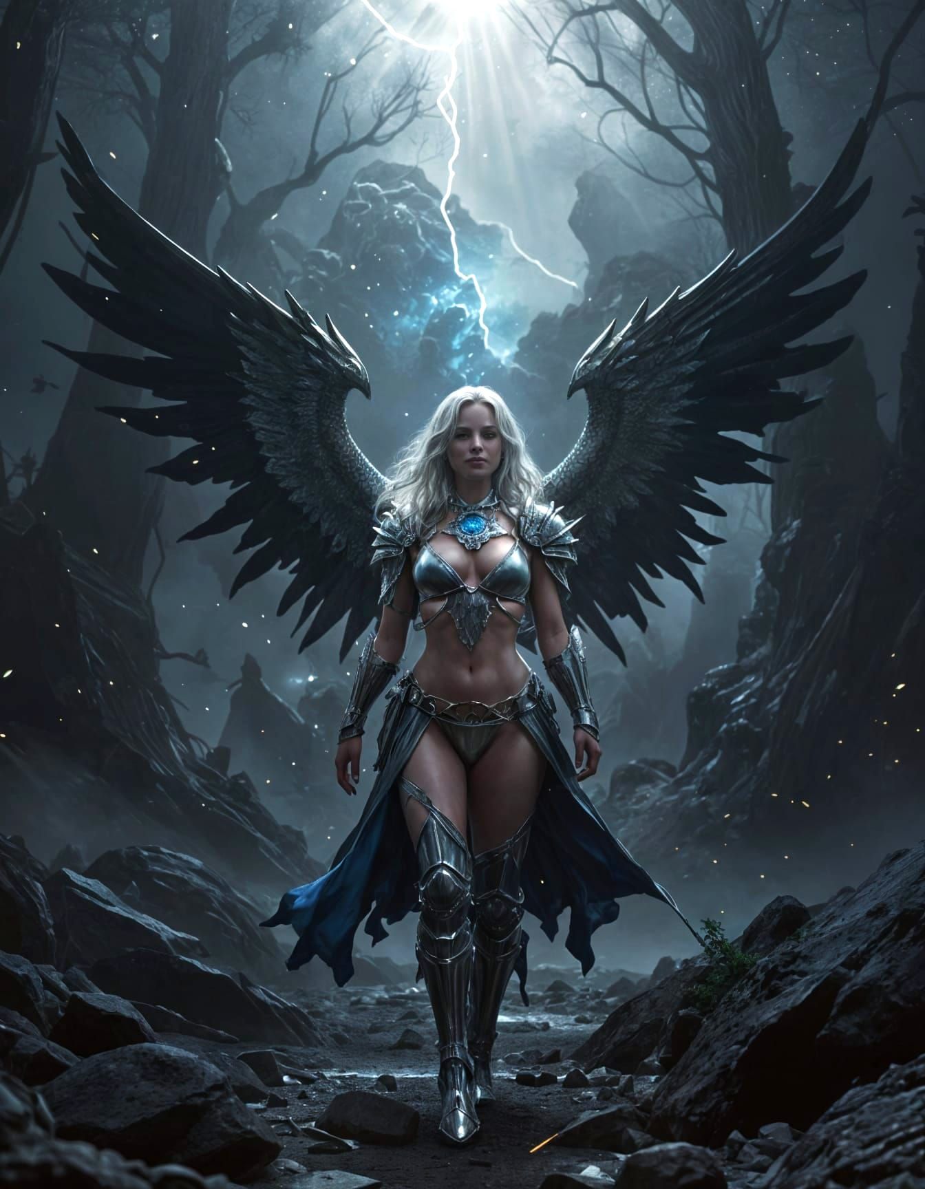 Warrior Silhouette Against Alien Nebula: Crystalline Landsca...