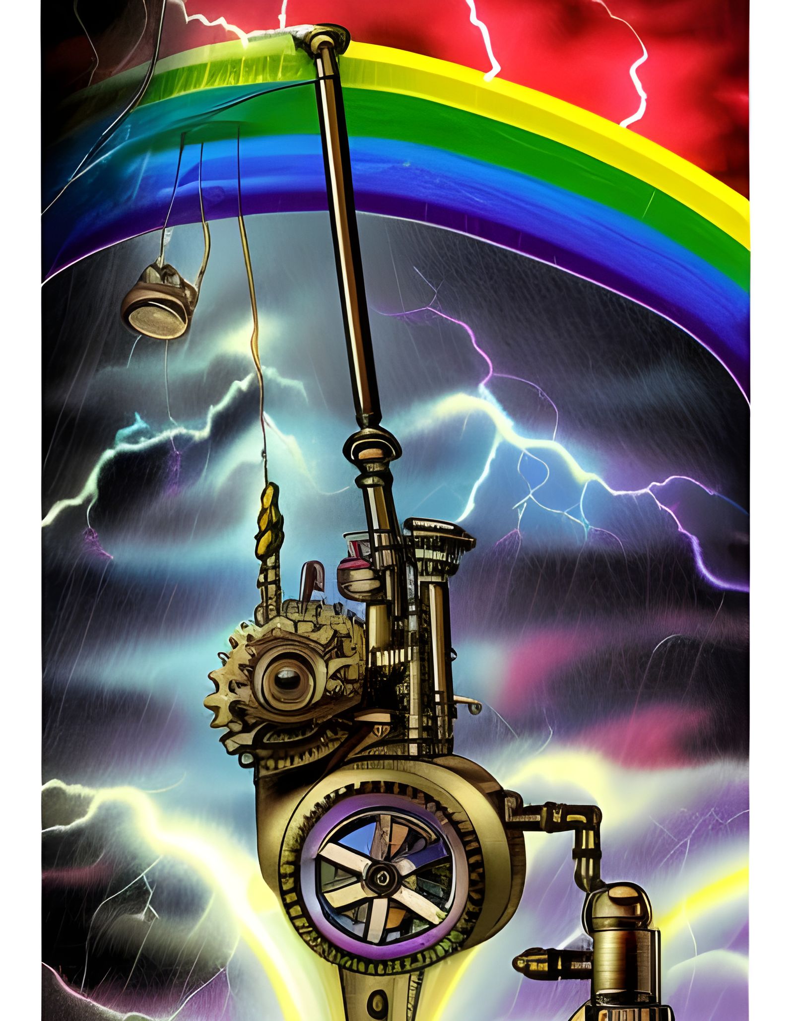 Rainbow and Steampunk Engine Amidst Violent Storm