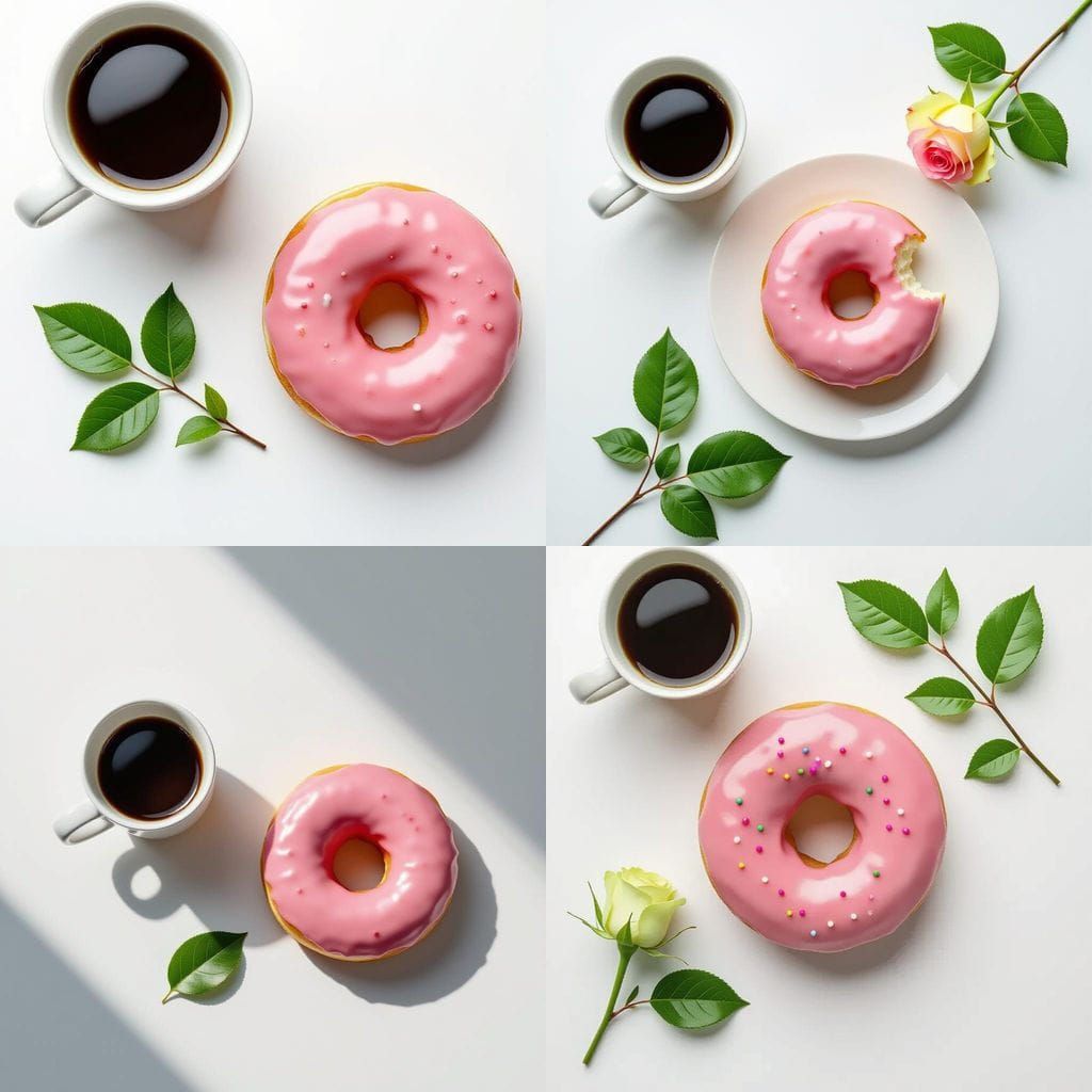 Pink Doughnut and Coffee Cup with Rose Leaf on White