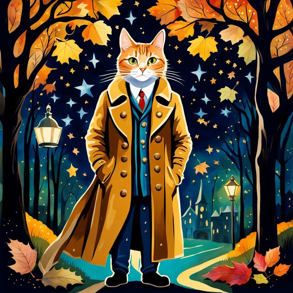 Watercolor Cat in Trench Coat, Starry Night