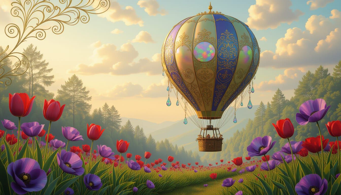 Woodland Creature in Hot Air Balloon, Klimt-Inspired Art