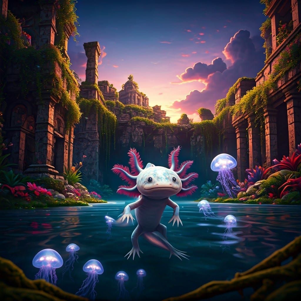 Surreal Axolotl Emerges from Dreamlike Lake Cityscape