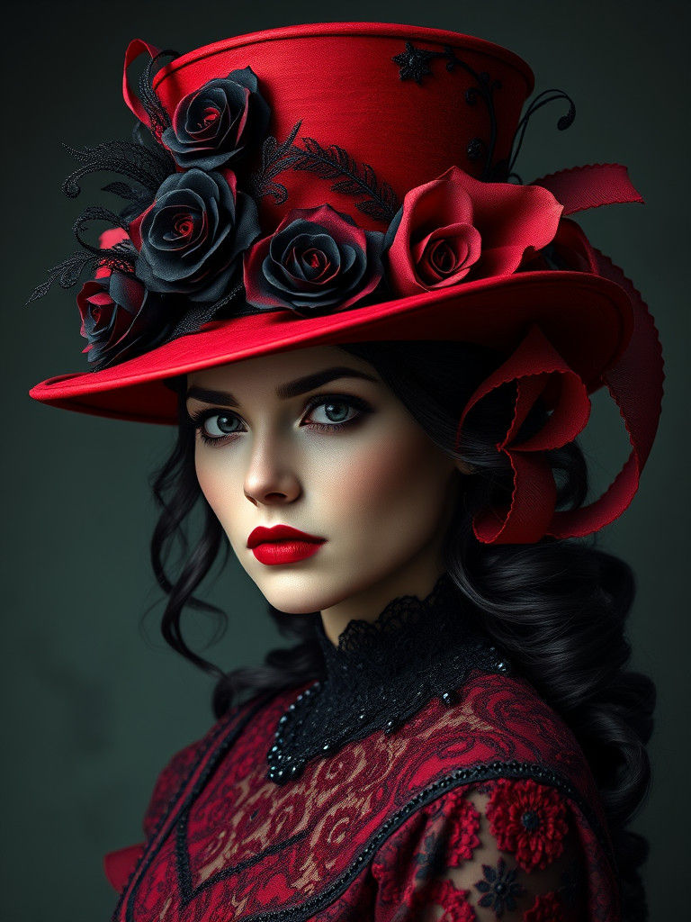 Victorian Noblewoman in Crimson, Gothic Art Nouveau Style