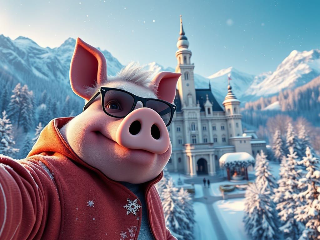John Pork Selfie at Neuschwanstein in Ornate Style