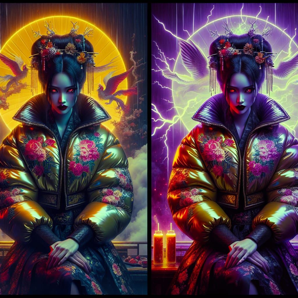 VIVID ultra sharp photorealistic vampire woman, dark glossy nylon puffer down jacket, floral discharge thunder sunshine ...