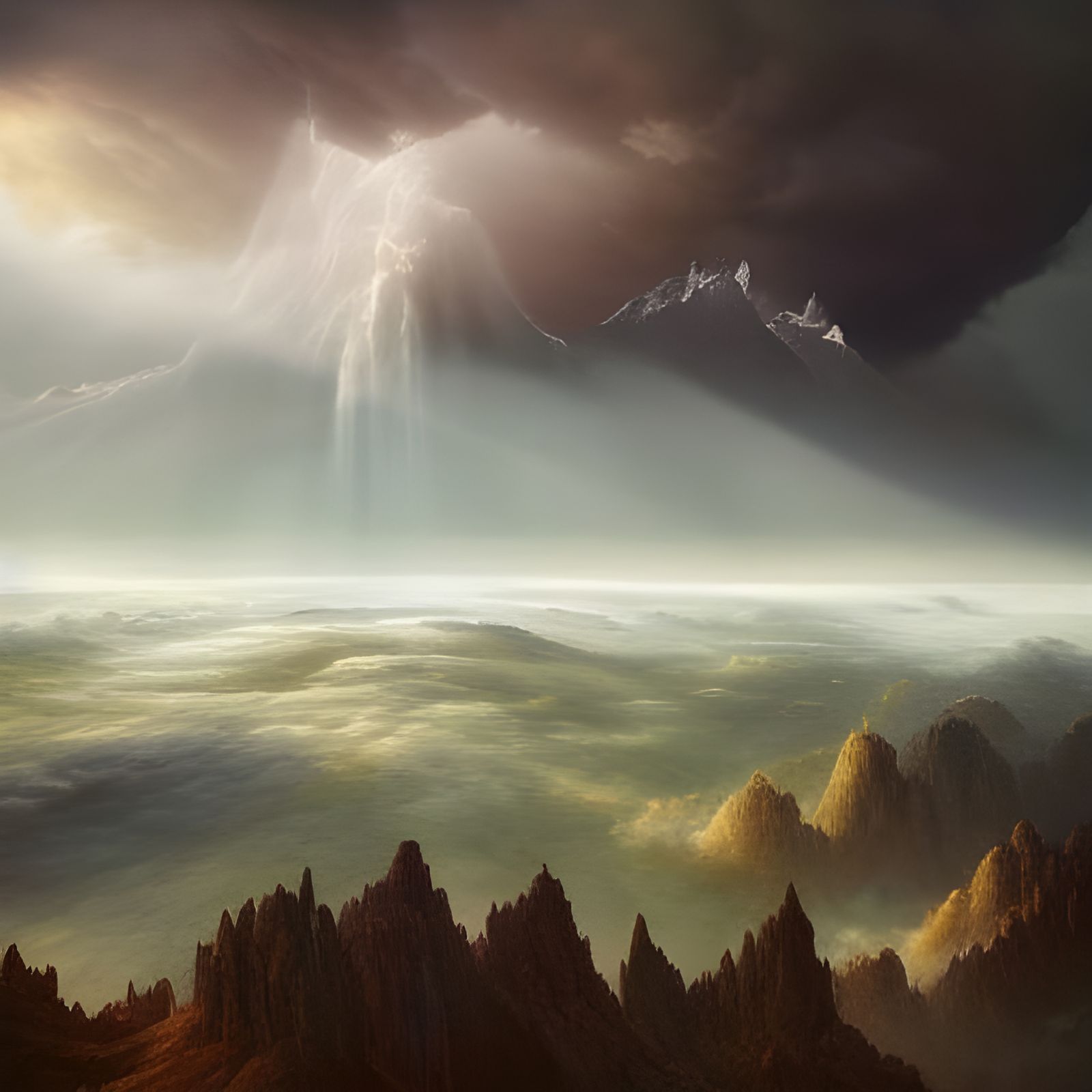 Breathtaking Mountain Vista with Rain and God Rays