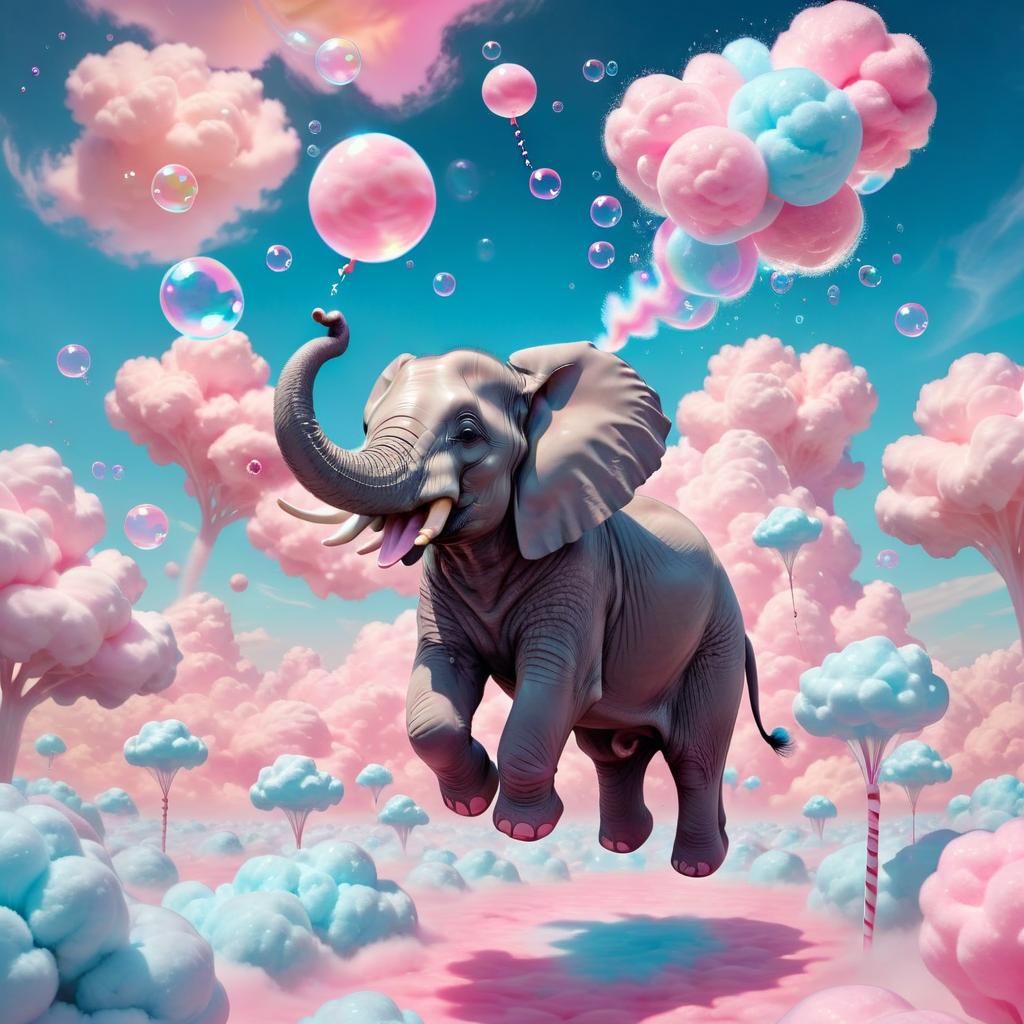 Effervescent Elephant Floats Through Candy Sky