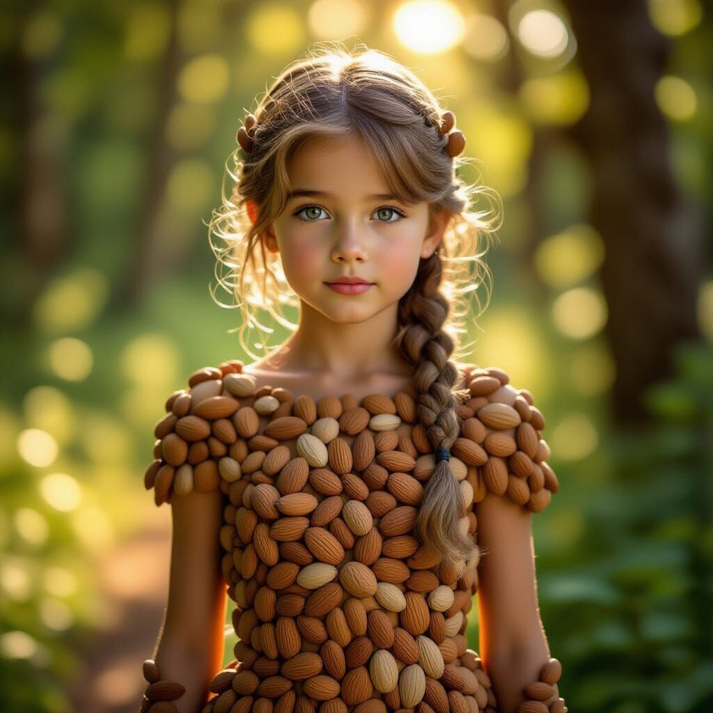 Girl Sculpted from Nuts in Sun-Dappled Forest
