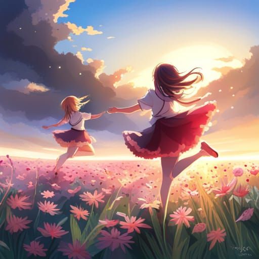 Two Girls Dancing in a Flower Field, Anime Style