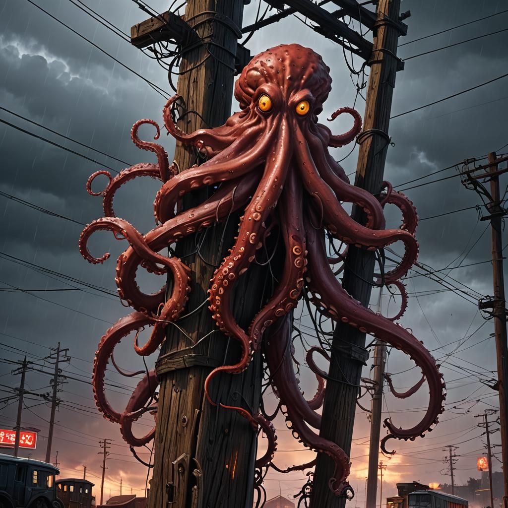 Octopus Climbs Telephone Pole in Storm, Detailed Matte Paint...