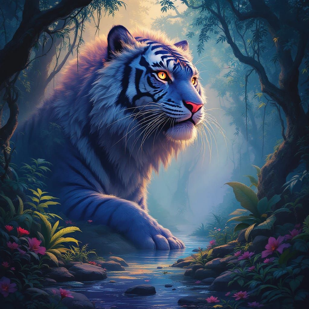 Ethereal Tiger in Jungle, Studio Ghibli Style