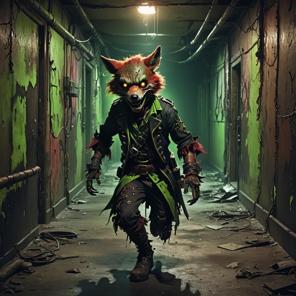 Foxy Running Down Hallway in Dark Fantasy Art