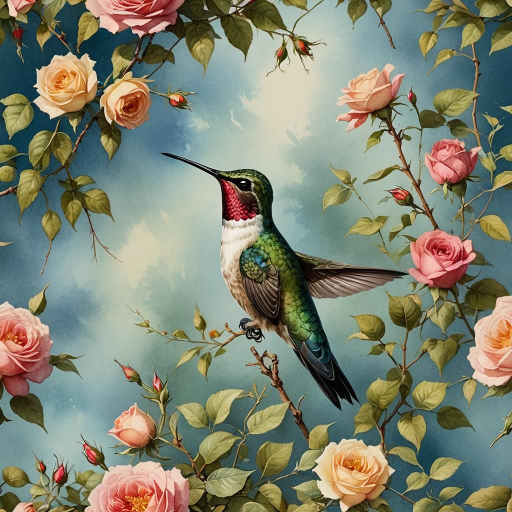 Whimsical Watercolor Hummingbird on a Rose Bush