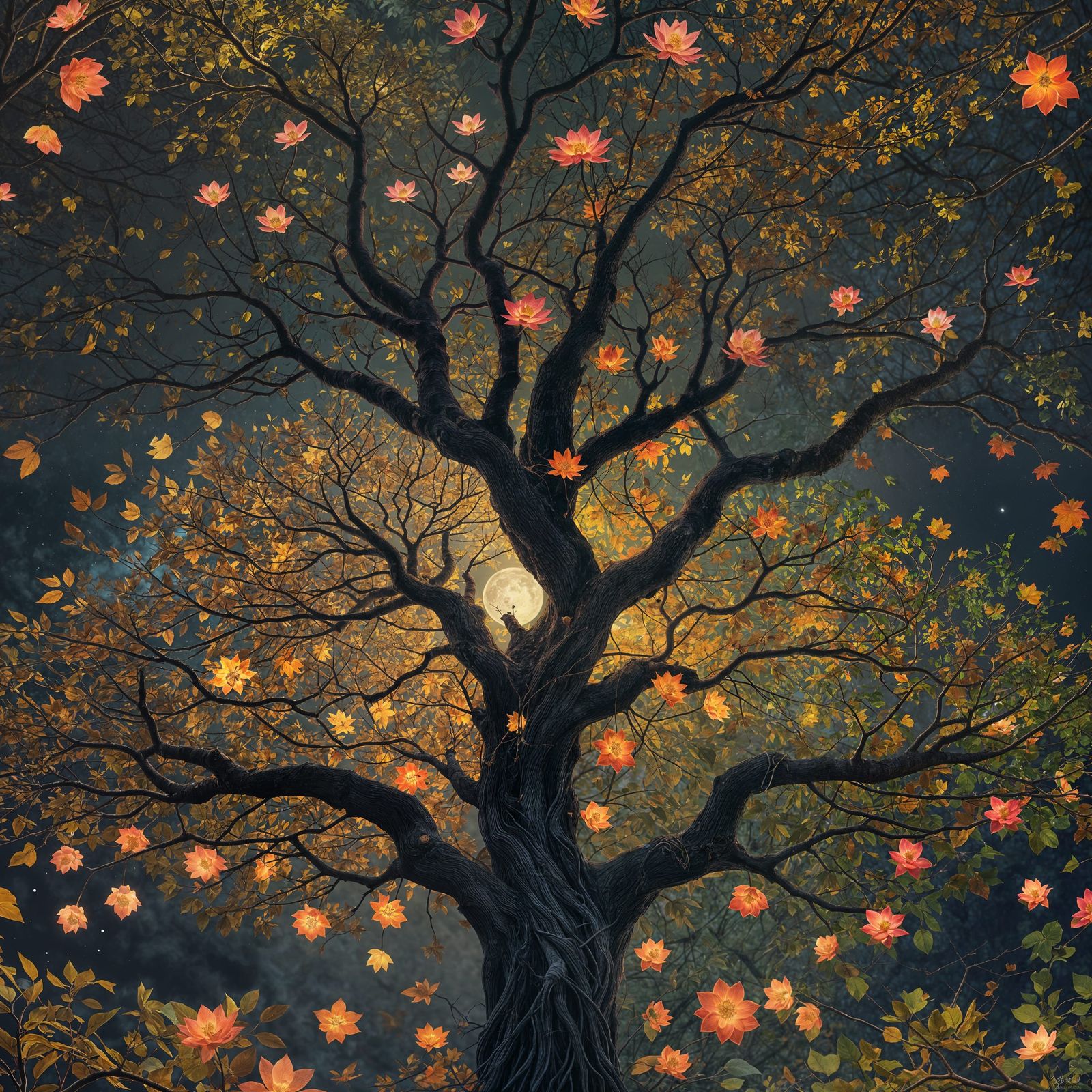 Autumn Tree Transformation in Moonlight: Vibrant Illustratio...