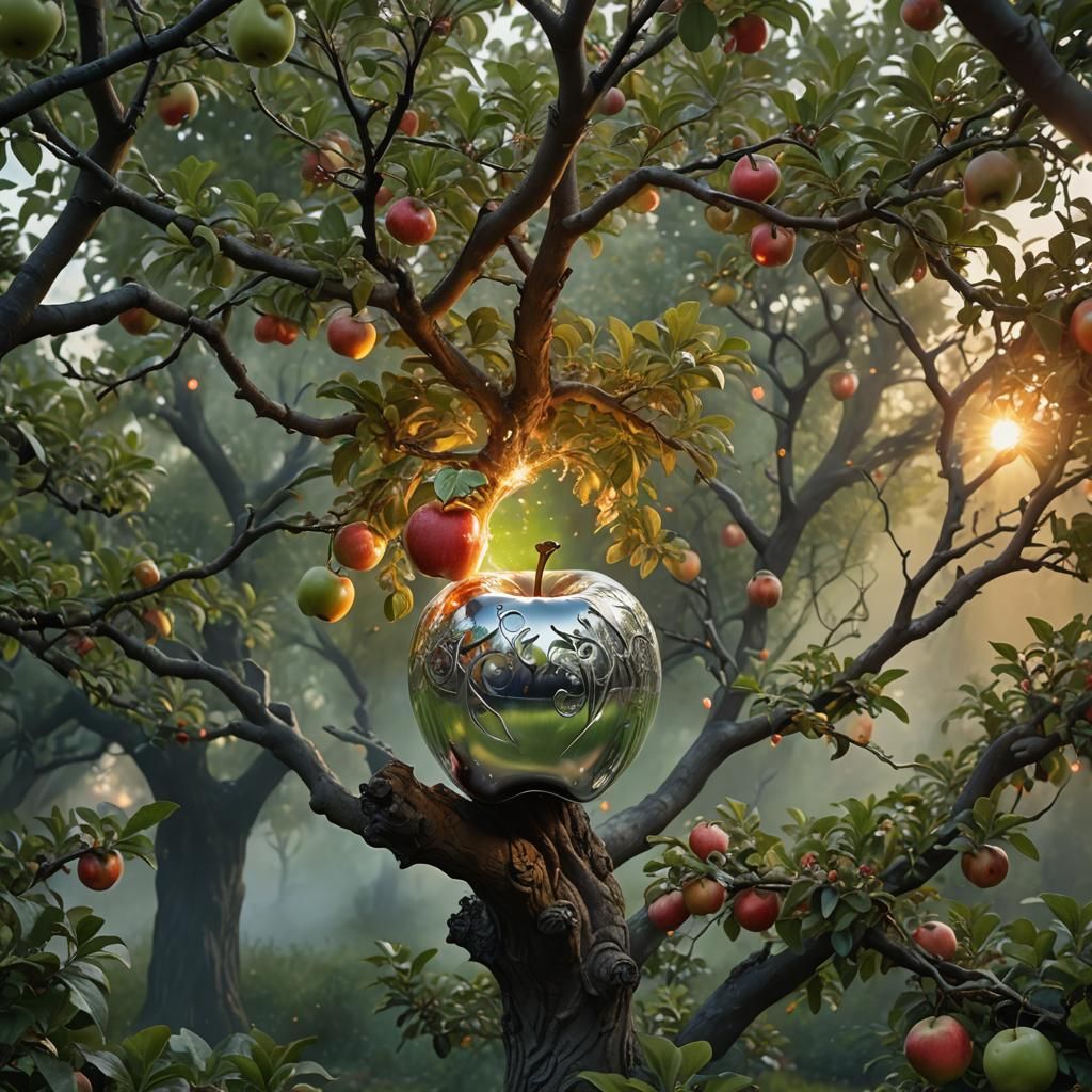 Silver Apple with Flames and Magic: Hyperrealistic Concept A...