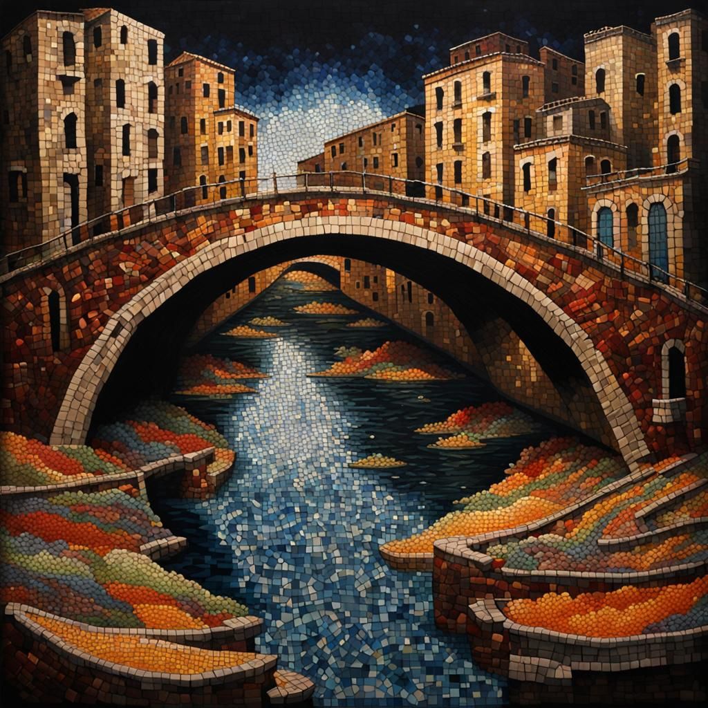 Food Mosaic Bridge Over Dark River