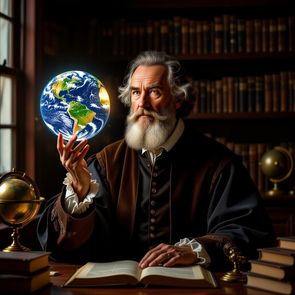Galileo Galilei with Glowing Globe in 17th Century Study