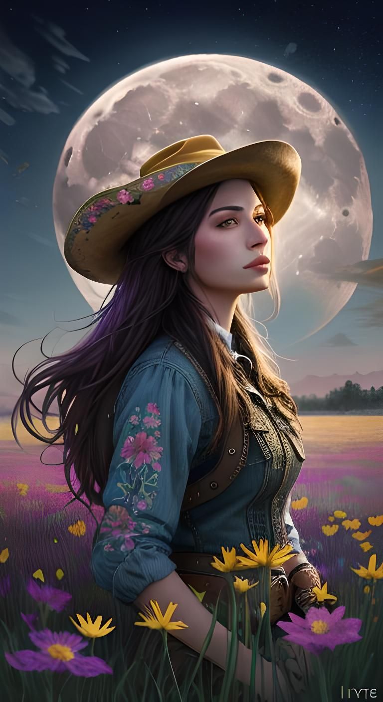 Hyperrealistic Cowgirl in Moonlit Flower Field
