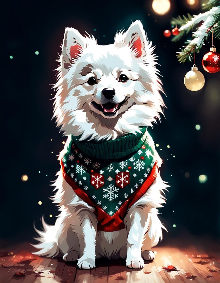 Cute Japanese Spitz Wears Christmas Sweater