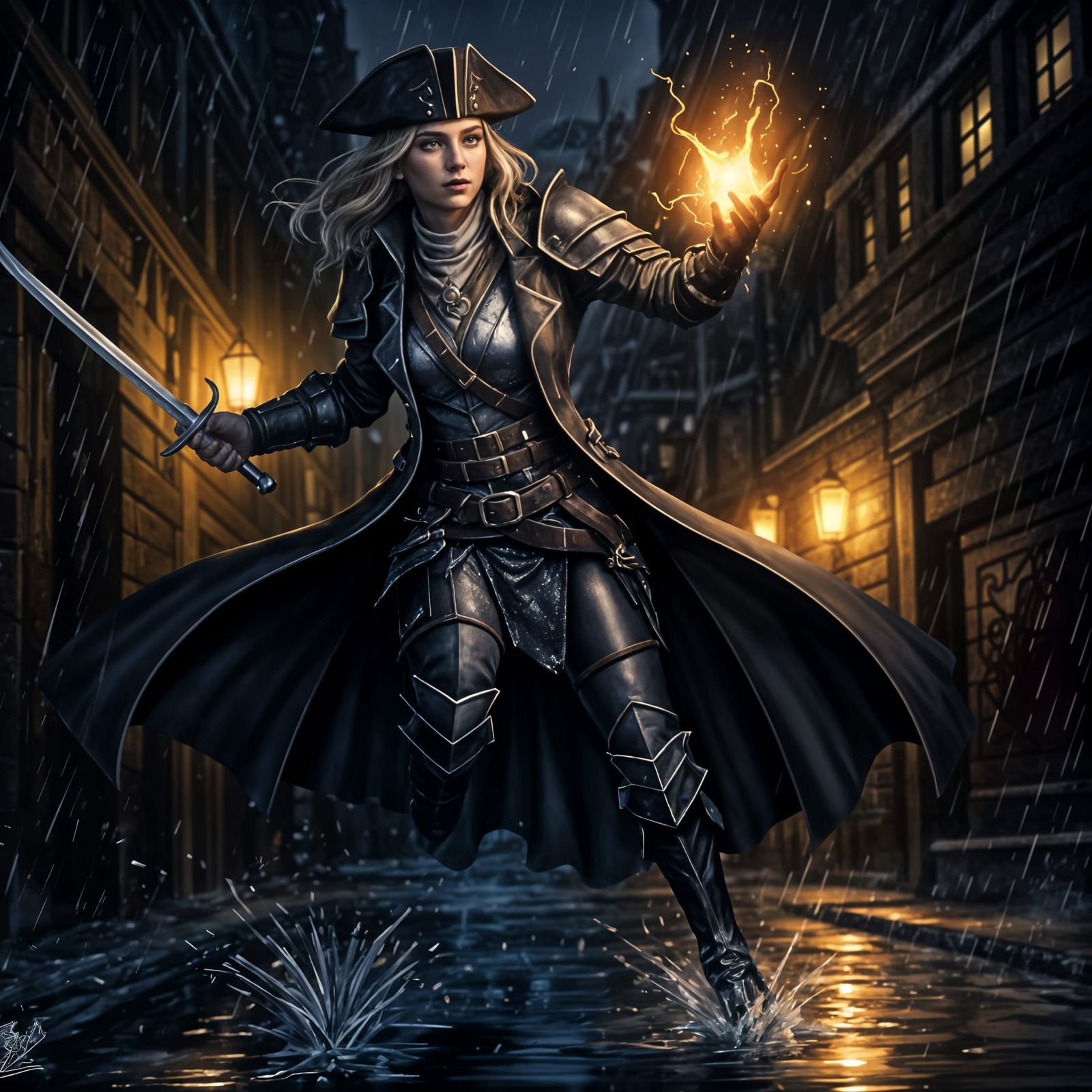 Fantasy City Ranger Cleric Caught in Midnight Combat