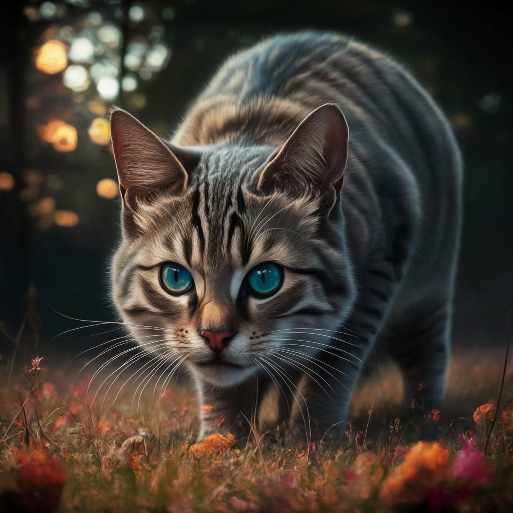 Hyperrealistic Cat Hunt in Oil, Dark Fantasy Style