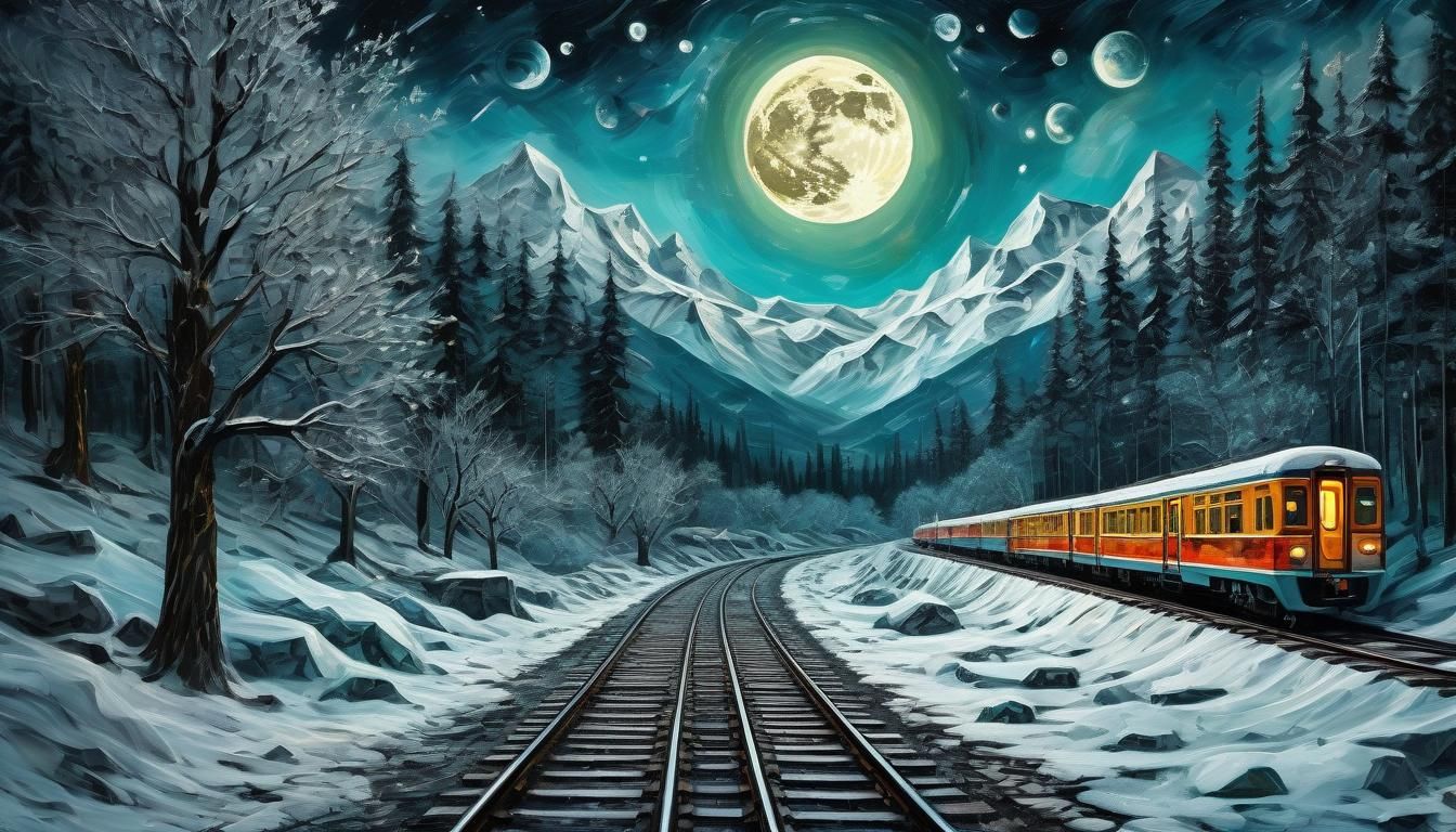 Icy Landscape with 3D Moon as Impasto Art